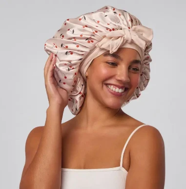 Adjustable Oversized Satin Bonnet- Cherries