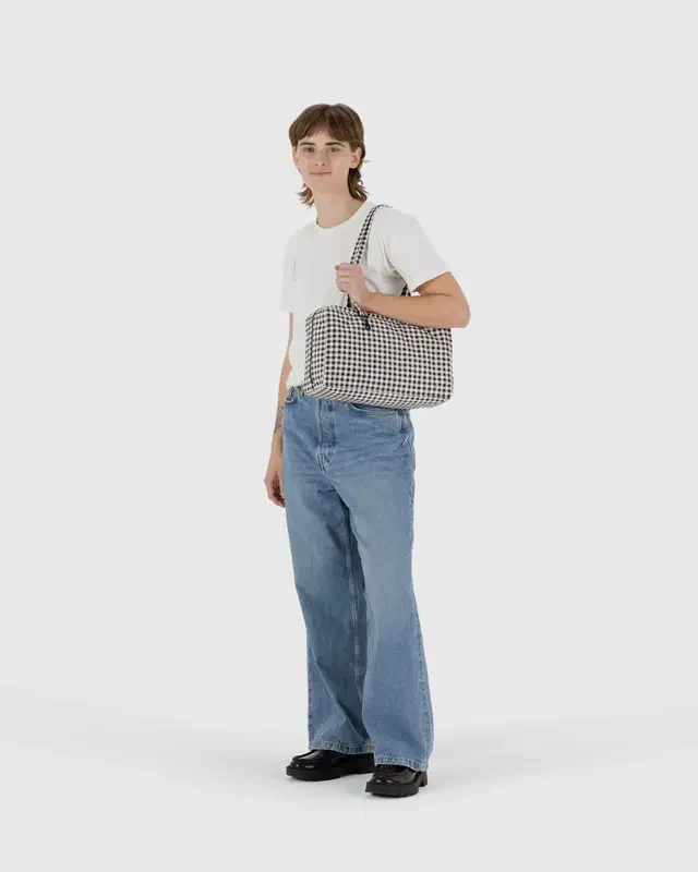 Medium Nylon Bowler Bag- Black +& White Gingham - Image 4
