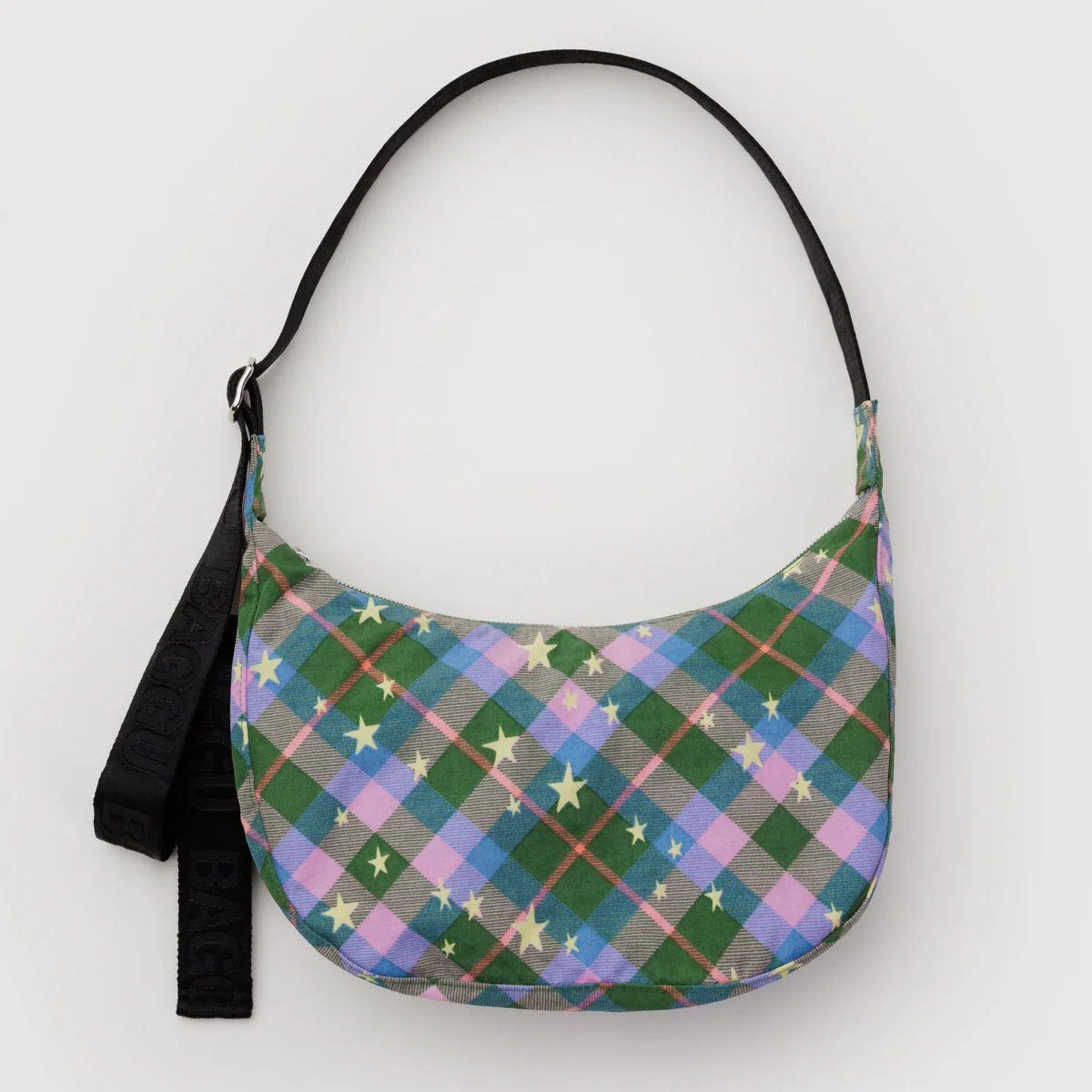 Medium Nylon Crescent Bag- Green Star Plaid