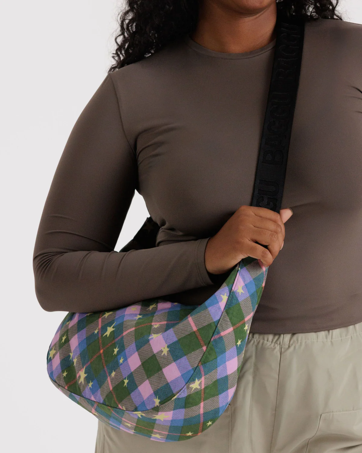 Medium Nylon Crescent Bag- Green Star Plaid - Image 2