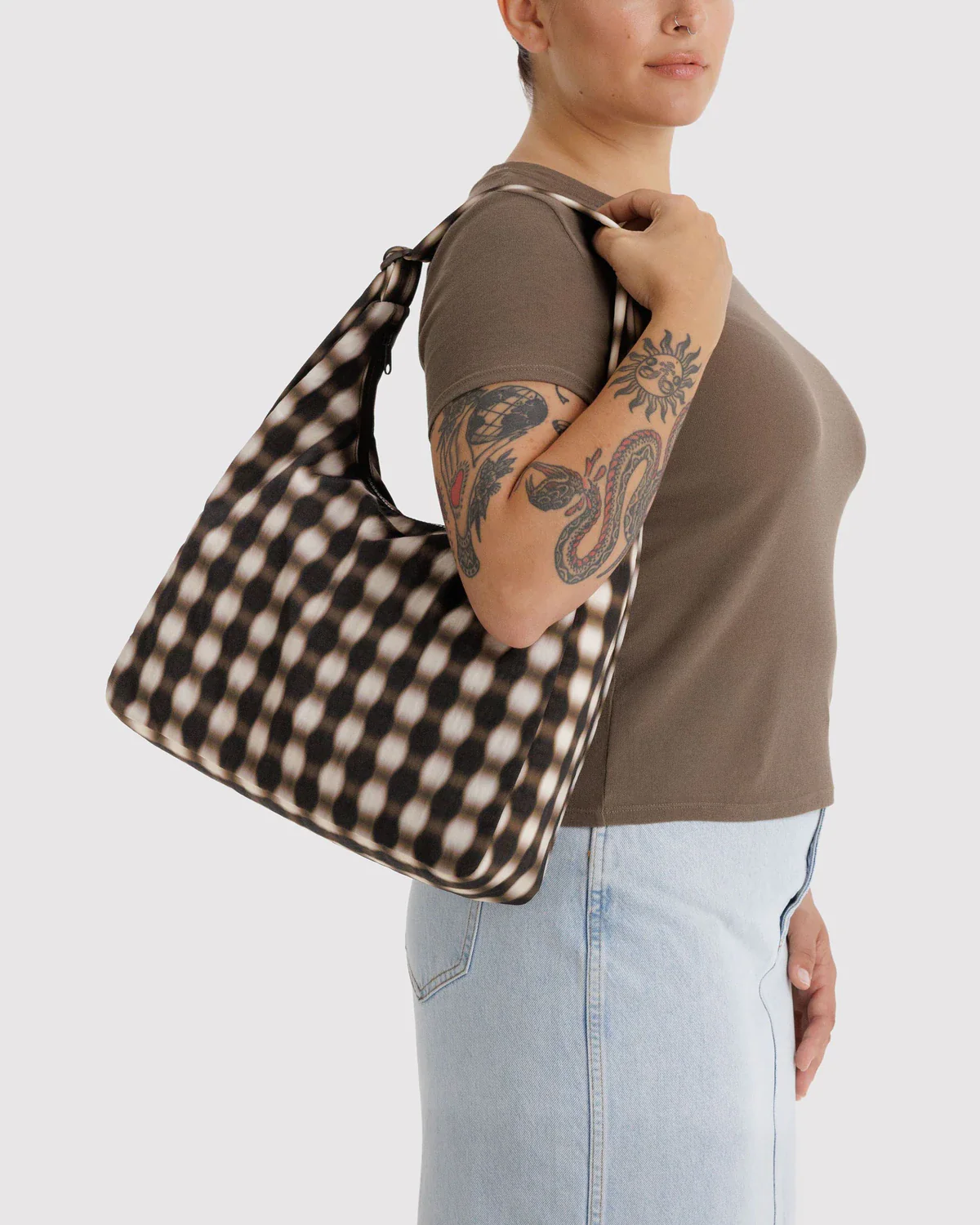 Nylon Shoulder Bag - Blurred Gingham Brown - Image 3