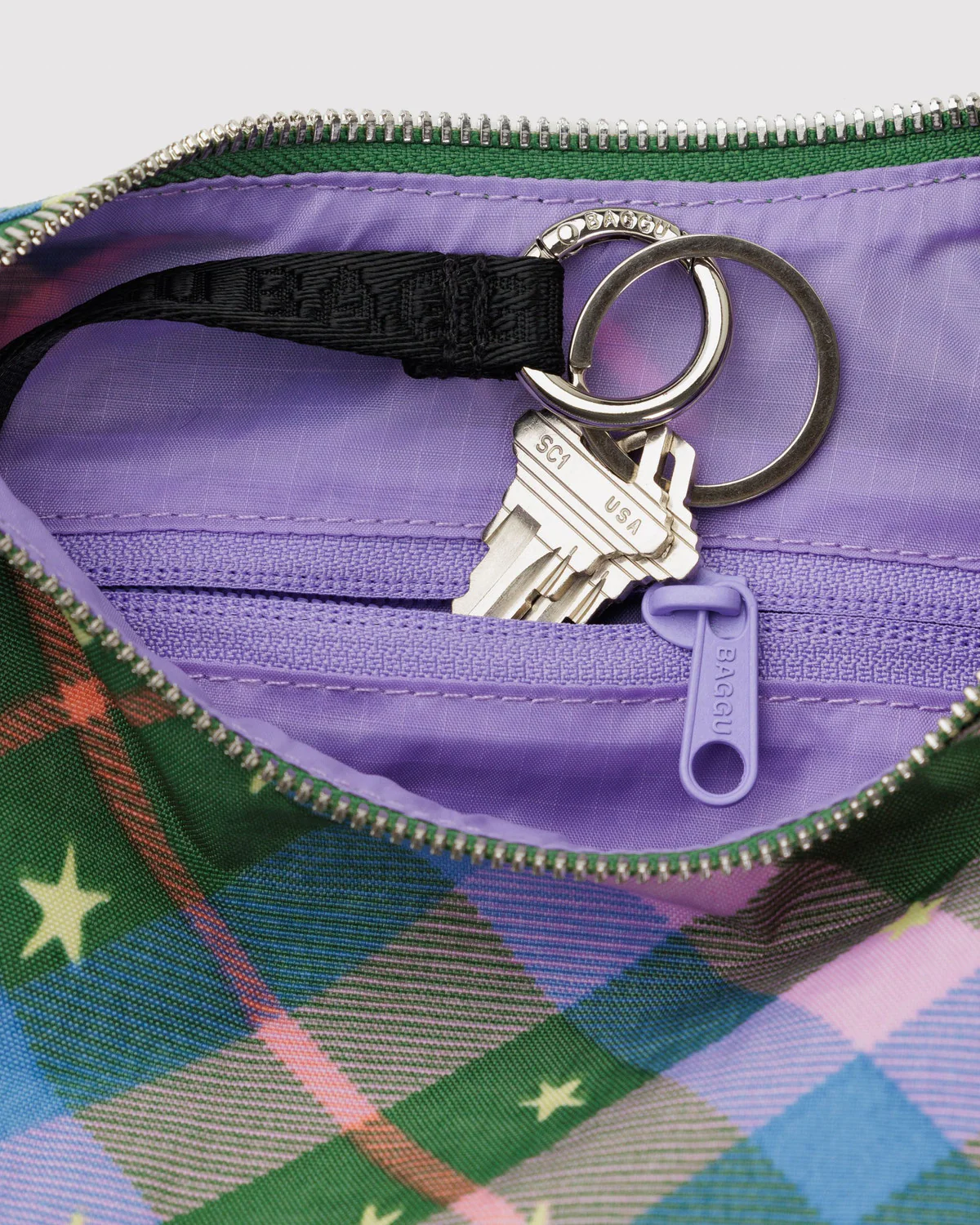 Small Nylon Crescent Bag- Green Star Plaid - Image 2