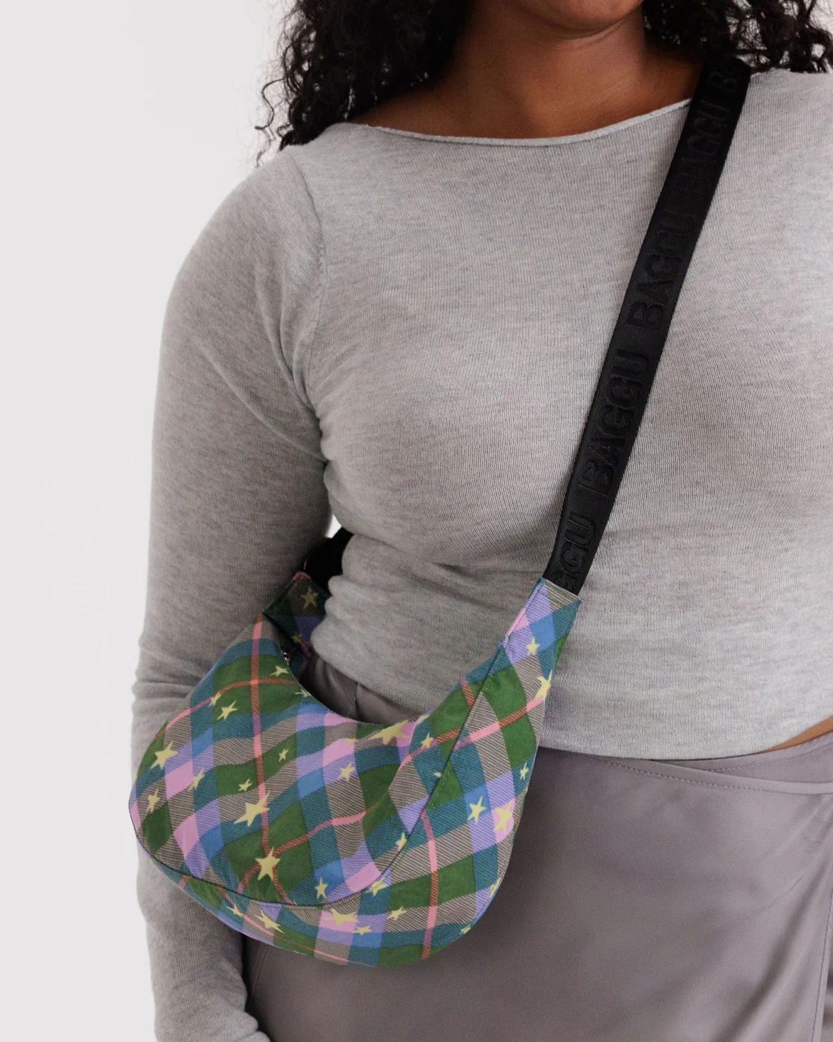 Small Nylon Crescent Bag- Green Star Plaid - Image 3